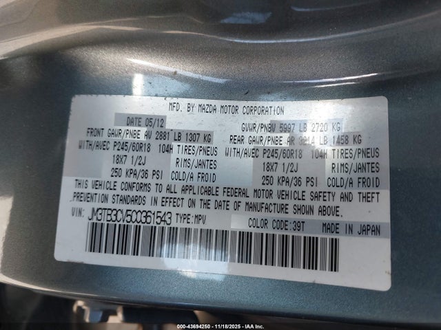 Продаж на аукціоні авто 2012 Mazda Cx-9 Touring, vin: JM3TB3CV5C0361543, номер лоту: 43694250
