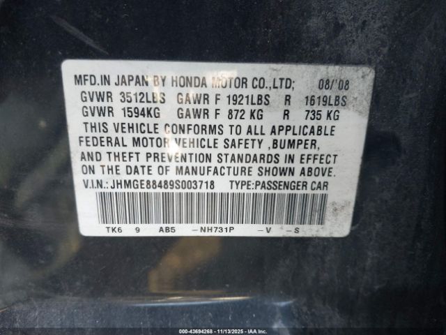 2009 HONDA FIT JHMGE88489S003718 Photo 8