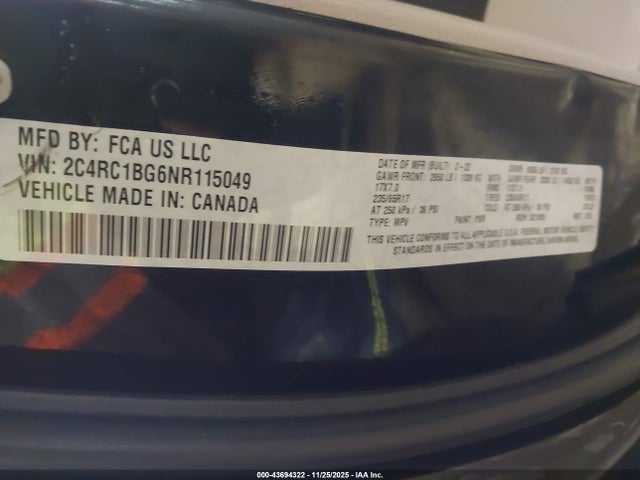 Продажа на аукционе авто 2022 Chrysler Pacifica Touring L, vin: 2C4RC1BG6NR115049, номер лота: 43694322