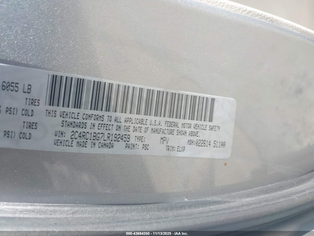 43694350 :رقم المزاد ، 2C4RC1BG7LR192459 vin ، 2020 Chrysler Pacifica Touring L مزاد بيع