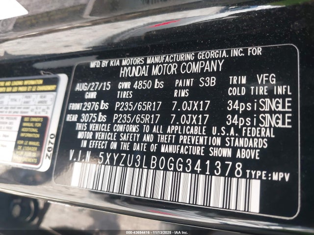 5XYZU3LB0GG341378 Hyundai Santa Fe Sport 2.4l