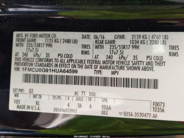 2017 FORD ESCAPE 1FMCU0G91HUA64599 Photo 8