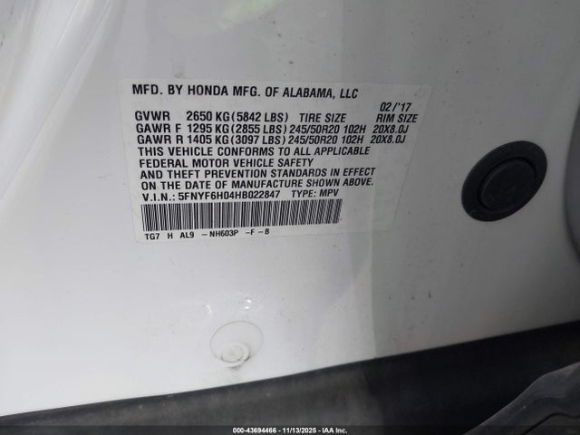 5FNYF6H04HB022847 Honda Pilot Elite