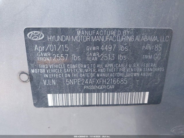 Продажа на аукционе авто 2015 Hyundai Sonata Se, vin: 5NPE24AFXFH216685, номер лота: 43694519
