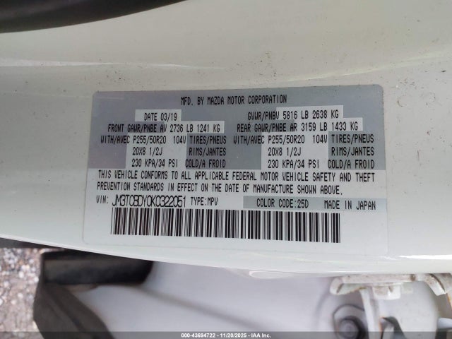 Aukcja sprzedaży 2019 Mazda Cx-9 Grand Touring, vin: JM3TCBDY0K0322051, numer aukcji: 43694722