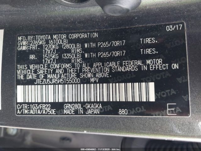 2017 TOYOTA 4RUNNER JTEZU5JR5H5155000 Photo 8