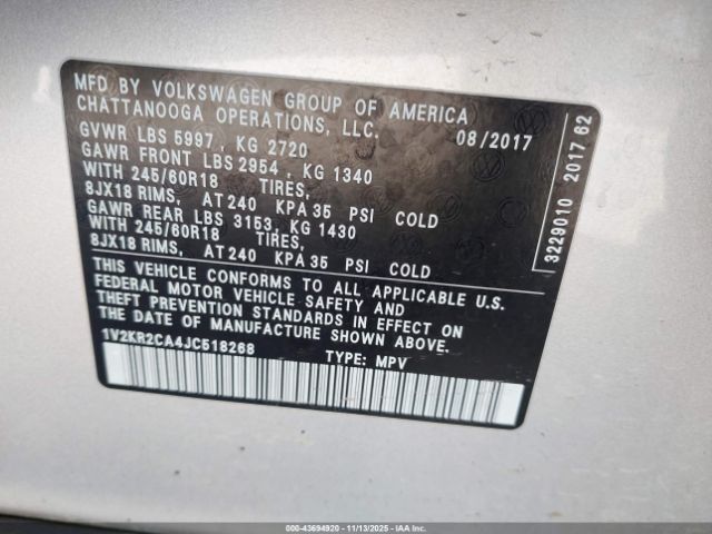 2018 VOLKSWAGEN ATLAS 1V2KR2CA4JC518268 Photo 8