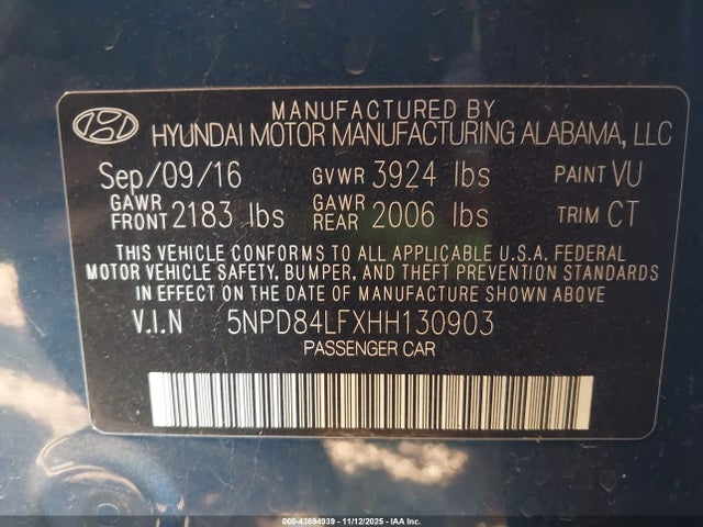 5NPD84LFXHH130903 Hyundai Elantra Limited
