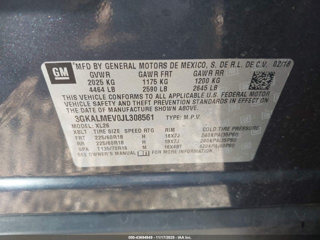 3GKALMEV0JL308561 GMC Terrain Sle