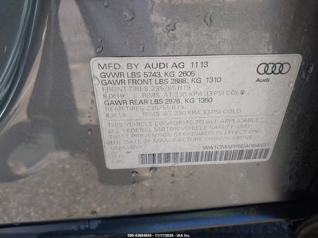 2014 Audi Q5 3.0 Tdi Premium Plus მანქანა იყიდება აუქციონზე, vin: WA1CMAFP5EA064431, აუქციონის ნომერი: 43694955