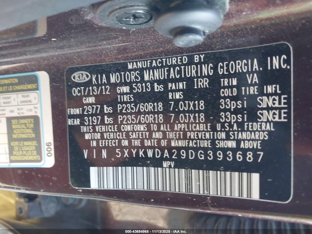 Продаж на аукціоні авто 2013 Kia Sorento Sx V6, vin: 5XYKWDA29DG393687, номер лоту: 43694968