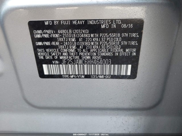 Aukcja sprzedaży 2017 Subaru Forester 2.5i Touring, vin: JF2SJAWC6HH464003, numer aukcji: 43695427