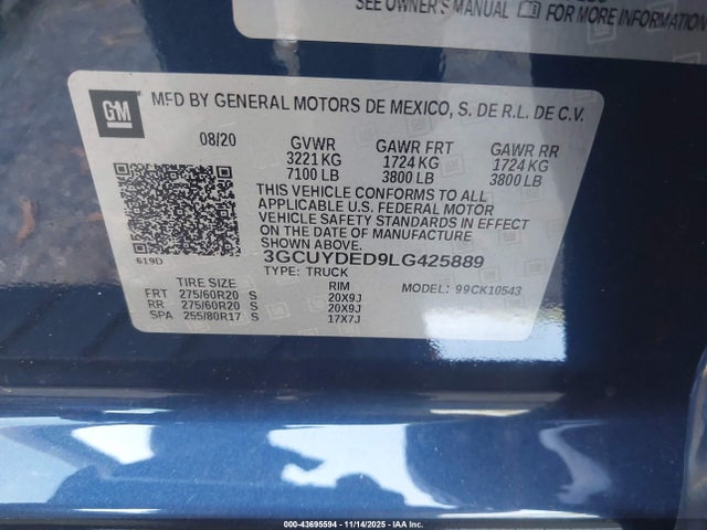 Auction sale of the 2020 Chevrolet Silverado 1500 4wd  Short Bed Lt, vin: 3GCUYDED9LG425889, lot number: 43695594