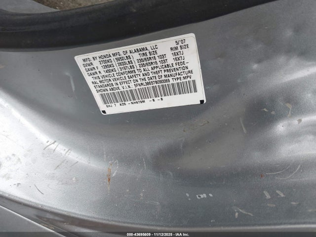 Aukcja sprzedaży 2007 Honda Odyssey Ex-l, vin: 5FNRL38657B090069, numer aukcji: 43695609