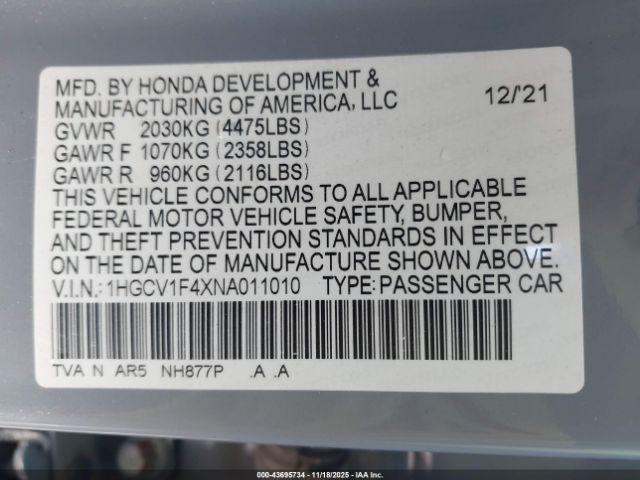 2022 HONDA ACCORD 1HGCV1F4XNA011010 Photo 8