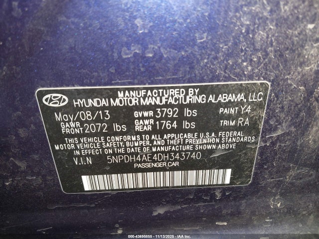 43695855 :رقم المزاد ، 5NPDH4AE4DH343740 vin ، 2013 Hyundai Elantra Gls مزاد بيع