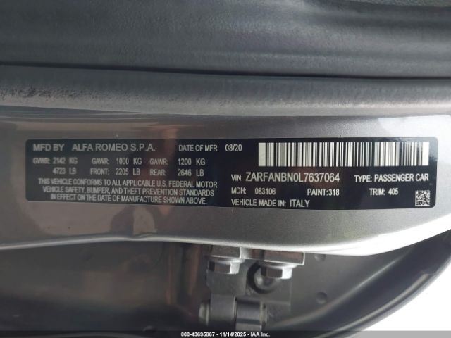 2020 ALFA ROMEO GIULIA ZARFANBN0L7637064 Photo 8