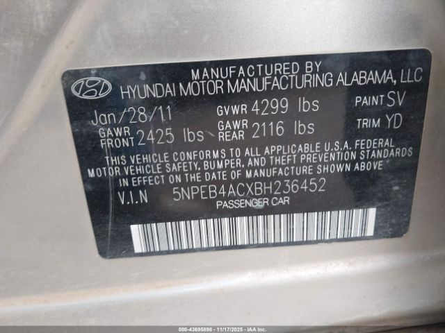 2011 HYUNDAI SONATA 5NPEB4ACXBH236452 Photo 8