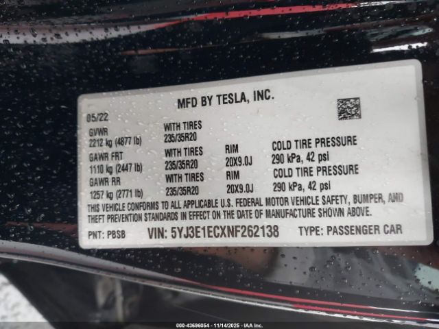 2022 TESLA MODEL 3 5YJ3E1ECXNF262138 Photo 8