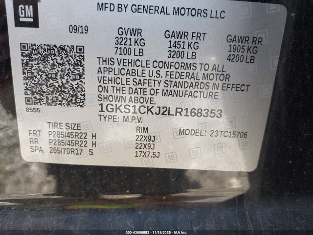 43696083 :رقم المزاد ، 1GKS1CKJ2LR168353 vin ، 2020 Gmc Yukon 2wd Denali مزاد بيع