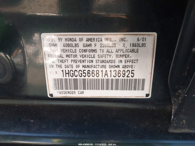 2001 Honda Accord 2.3 Ex მანქანა იყიდება აუქციონზე, vin: 1HGCG56681A136925, აუქციონის ნომერი: 43696162
