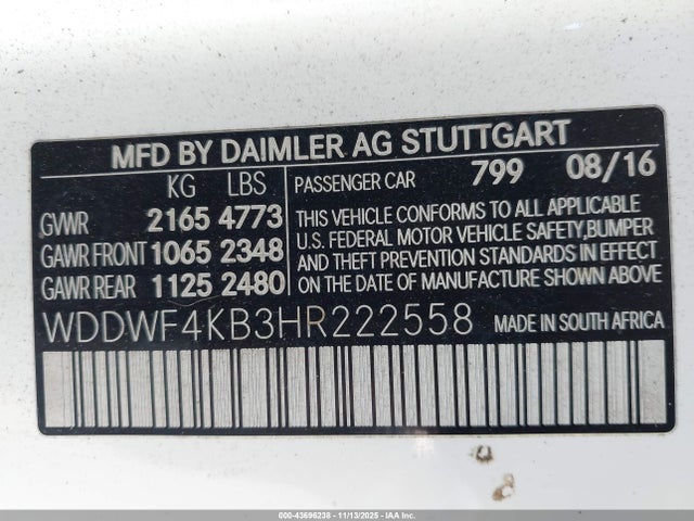 43696238 :رقم المزاد ، WDDWF4KB3HR222558 vin ، 2017 Mercedes-benz C 300 4matic مزاد بيع