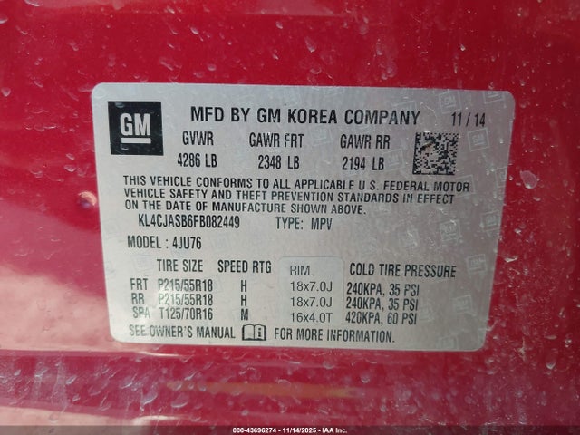 43696274 :رقم المزاد ، KL4CJASB6FB082449 vin ، 2015 Buick Encore مزاد بيع