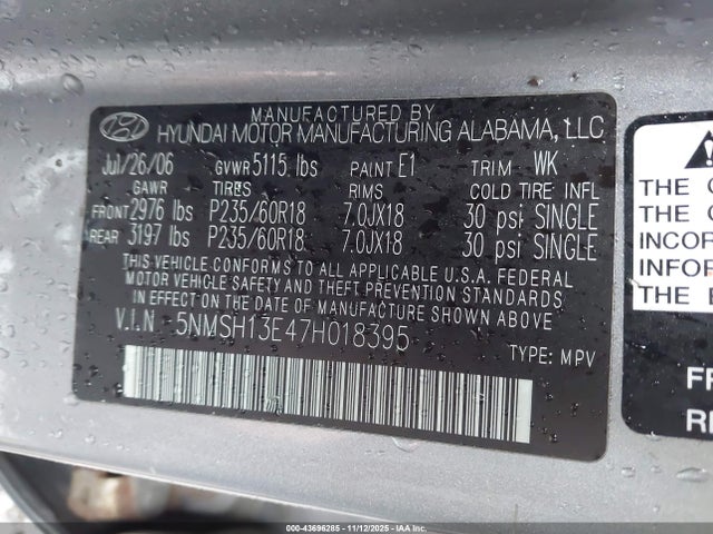 Aukcja sprzedaży 2007 Hyundai Santa Fe Limited/se, vin: 5NMSH13E47H018395, numer aukcji: 43696285