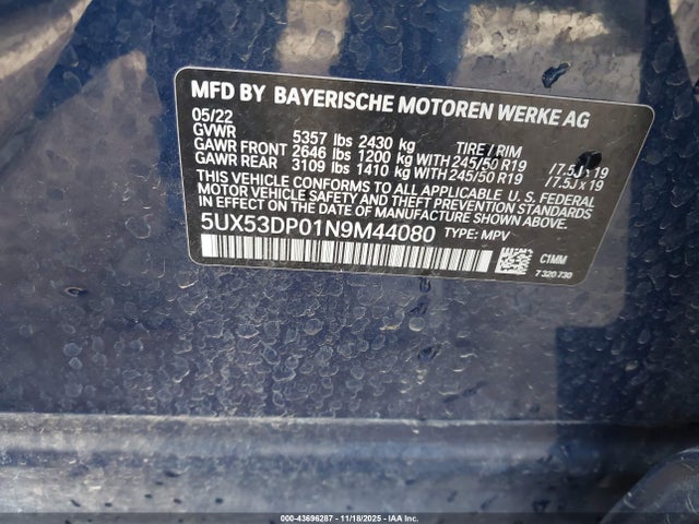 Продаж на аукціоні авто 2022 Bmw X3 Xdrive30i, vin: 5UX53DP01N9M44080, номер лоту: 43696287