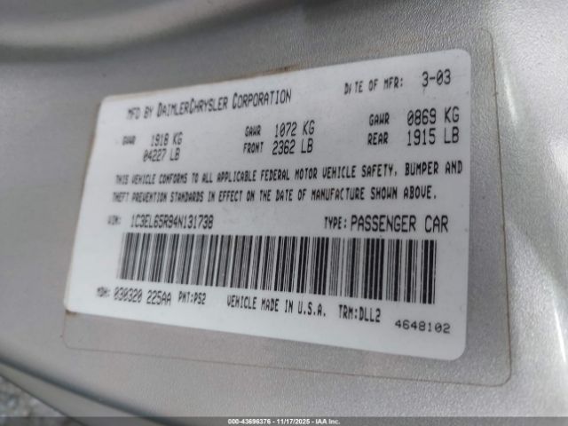 2004 CHRYSLER SEBRING 1C3EL65R94N131738 Photo 8