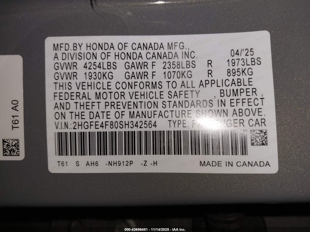 2025 HONDA CIVIC HYBRID 2HGFE4F80SH342564 Photo 8