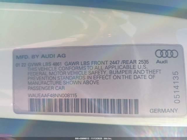 Aukcja sprzedaży 2022 Audi A4 Premium Plus 45 Tfsi S Line Quattro S Tronic, vin: WAUEAAF48NN008115, numer aukcji: 43696512