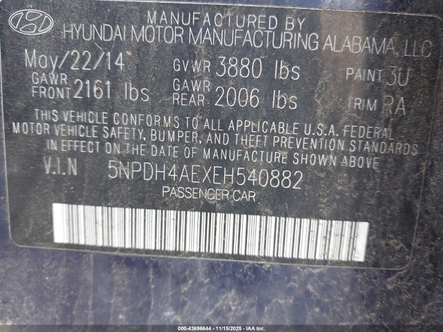 Продажа на аукционе авто 2014 Hyundai Elantra Se, vin: 5NPDH4AEXEH540882, номер лота: 43696644