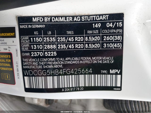 WDCGG5HB4FG425664 Mercedes-Benz GLK 350