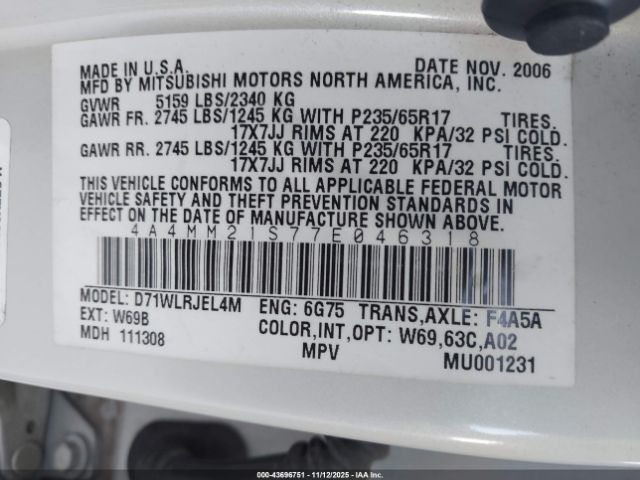 2007 MITSUBISHI ENDEAVOR 4A4MM21S77E046318 Photo 8