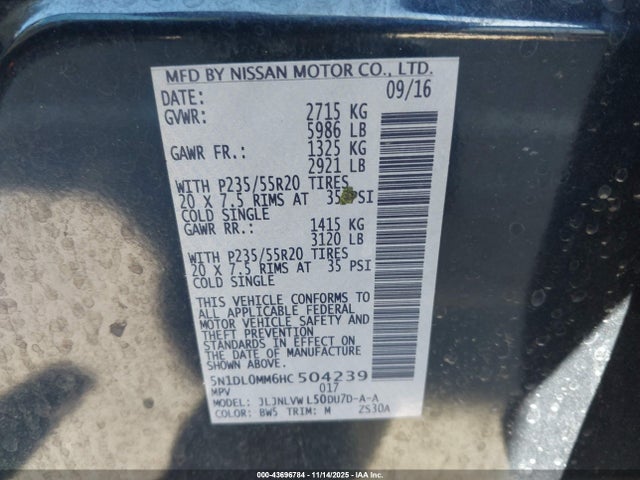 Aukcja sprzedaży 2017 Infiniti Qx60, vin: 5N1DL0MM6HC504239, numer aukcji: 43696784
