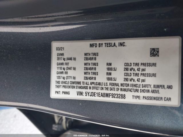 2021 TESLA MODEL 3 5YJ3E1EA8MF923288 Photo 8