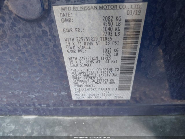 43696843 :رقم المزاد ، 5N1AT2MT5KC788833 vin ، 2019 Nissan Rogue Sl مزاد بيع