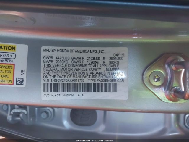 2019 HONDA ACCORD 1HGCV2F5XKA019733 Photo 8