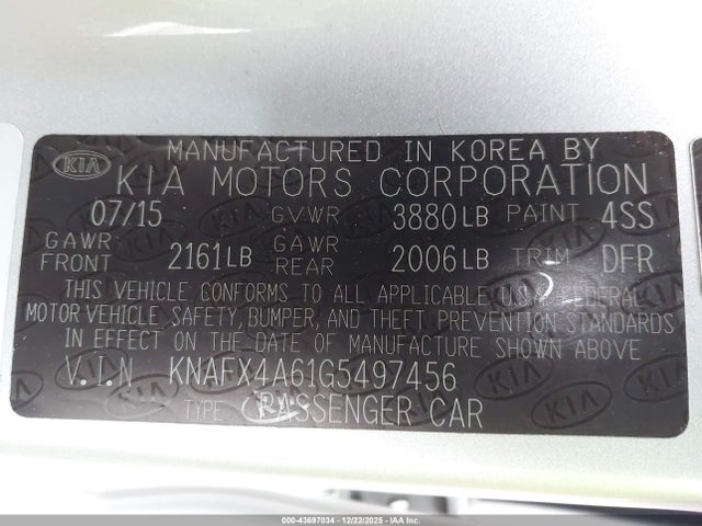 KNAFX4A61G5497456 KIA FORTE LX