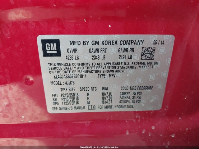 2014 Buick Encore მანქანა იყიდება აუქციონზე, vin: KL4CJASB5EB761014, აუქციონის ნომერი: 43697219