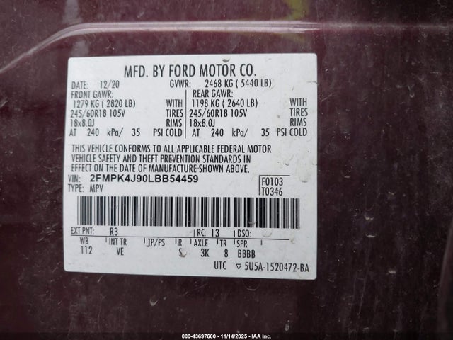 Aukcja sprzedaży 2020 Ford Edge Sel, vin: 2FMPK4J90LBB54459, numer aukcji: 43697600