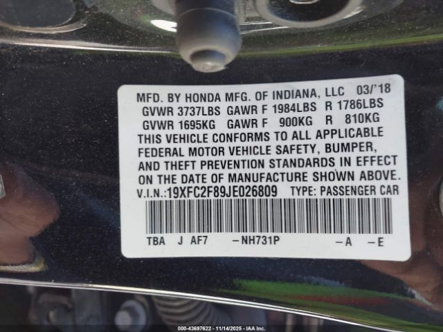 2018 HONDA CIVIC 19XFC2F89JE026809 Photo 8