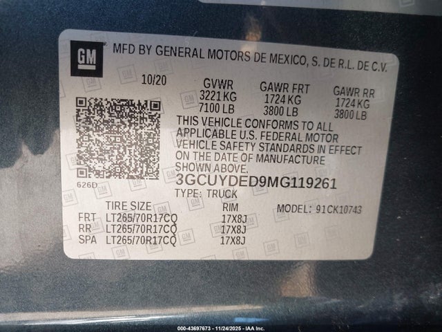 Aukcja sprzedaży 2021 Chevrolet Silverado 1500 4wd  Standard Bed Lt, vin: 3GCUYDED9MG119261, numer aukcji: 43697673