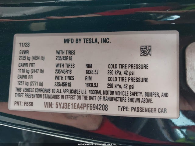 Aukcja sprzedaży 2023 Tesla Model 3 Rear-wheel Drive, vin: 5YJ3E1EA4PF694208, numer aukcji: 43697743