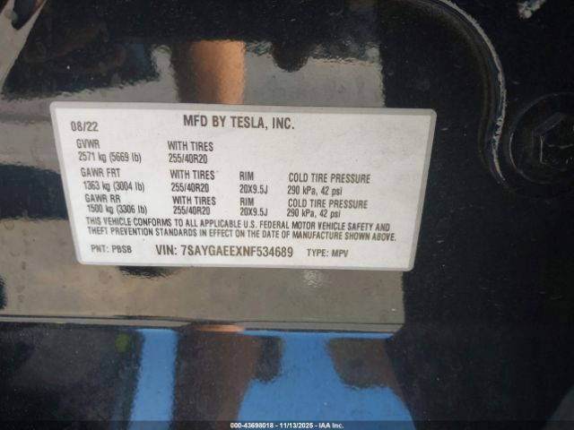 2022 TESLA MODEL Y 7SAYGAEEXNF534689 Photo 8