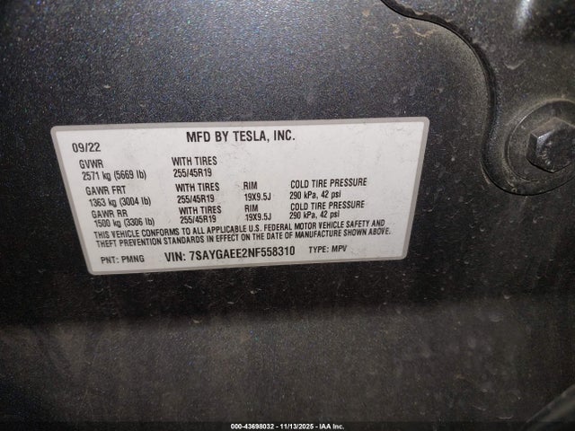 2022 TESLA MODEL Y 7SAYGAEE2NF558310 Photo 8