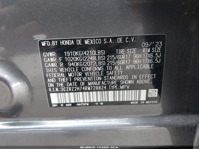 3CZRZ2H74RM728824 Honda Hr-v Awd Ex-l/awd Ex-l W/o Bsi