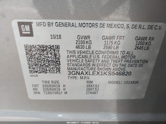 3GNAXLEX1KS546820 Chevrolet EQUINOX LT