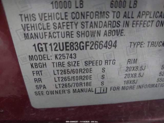Aukcja sprzedaży 2016 Gmc Sierra 2500hd Denali, vin: 1GT12UE83GF266494, numer aukcji: 43698257